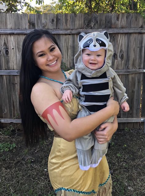 Baby and me Pocahontas and Meeko Halloween costume Mom Baby Halloween Costumes, Pocahontas And Meeko, Mother Son Halloween Costumes, Mommy Baby Halloween Costumes, Family Themed Halloween Costumes, Mom Halloween Costumes, Baby And Me, First Halloween Costumes, Newborn Halloween Costumes