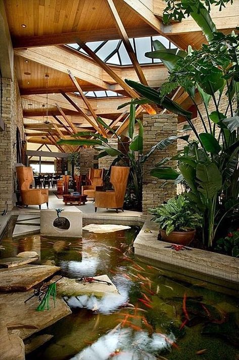 Relaxing Indoor Fountain Ideas (1) Indoor Pond, Kolam Koi, Backyard Ponds, Indoor Water Features, Lots Of Plants, Earthship Home, Indoor Water Fountains, Contemporary Patio, Indoor Fountain