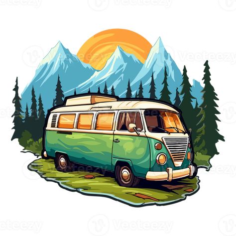 Retro camper vans in forest cartoon sticker, campers collection, generative ai. Campervan Drawing, Combi Hippie, Camping Stickers, Camping Drawing, Forest Cartoon, Retro Campers, Camper Vans, Copyright Free, Free Clipart