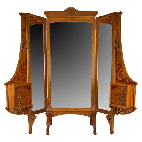 Art Nouveau Vanity Folding Mirror Screen with Marquetry, 1901 | See more antique and modern Floor Mirrors and Full-Length Mirrors at https://www.1stdibs.com/furniture/mirrors/floor-mirrors-full-length-mirrors Full Length Mirror Vanity, Modern Floor Mirrors, Mirror Screen, Nouveau Furniture, Art Nouveau Interior, Vanity Dressing Table, Floor Length Mirror, Art Nouveau Furniture, Folding Mirror