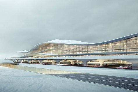 Aedas awarded design of yantai international airport terminal in china Aedas Architecture, Train Station Architecture, Sky Bridge, Exhibition Building, Airport Terminal, Airport Design, Architectural Art, Yantai, Airports Terminal