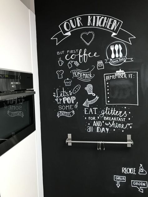 Blackboard Wall Kitchen, Chalkboard Art Kitchen, Kitchen Blackboard, Blackboard Paint, Blackboard Art, Kitchen Chalkboard, Diy Techniques And Supplies, Blackboard Wall, Creative Wall Painting