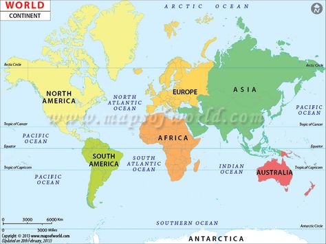 World Continents Map.  Simple clicks of the mouse will take you from view of the world--to a view of continent-- to a view of country.  Not very detailed, but good, quick to get at overview. Map Of Continents, World Geography Map, World Map Continents, World Map With Countries, World Map Printable, Continents And Countries, Continents And Oceans, Penanda Buku, All Continents