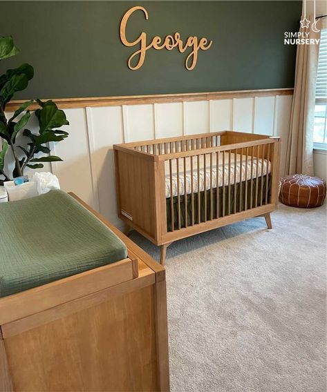 Green Nursery Panelling, Green Nursery Design, Hunter Green Accent Wall Nursery, Safari Nursery Green Accent Wall, Wood And Green Nursery, Shades Of Green Nursery, Army Green Nursery, Nursery Ideas Light Green, Green Gold Nursery