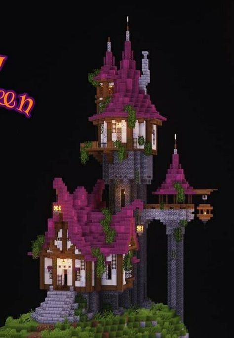 Minecraft Underground City Ideas, Adventure Time Minecraft Builds, Minecraft Wizard Tower Blueprint, Minecraft Witchy Builds, Minecraft Witch Tower, Minecraft Phantom, Gothic Minecraft Builds, Minecraft Witch House, Magical Minecraft