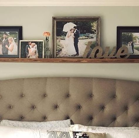 Easy Canvas Prints on Instagram: "We love when our customers create beautiful spaces! @shabbytabbysalvage  said, "🌱Our bedroom... which is still the same now! This is right after we hung our shelf we made for our wedding photos, just after we got married! ...we had a custom canvas print from @easycanvasprints for the middle picture...The white frames are up cycled salvaged frames!...I love everything in this picture so much." . . . . #shabbytabbysalvage #easycnavasprints #homestyle #bedroomdreams #shelfwithphotos #canvasprints #canvaswall #customcanvas #sopretty #bedroomwalldecor#abovebed #weddingpictures#masterbedroom #masterbed #mrandmrs#weddingphotodisplay#abovethebeddecor #upholsteredbed#upholsteredheadboard #joannagaines#hygge #hyggehome #hyggelife#hyggestyle" Two Photos Above Bed, Photo Ledge Above Bed, Wedding Photos Above Bed, Canvas Wedding Pictures, Photos Above Bed, Above Headboard Decor, Pictures Above Bed, Bed Wall Decor, Headboard Decor