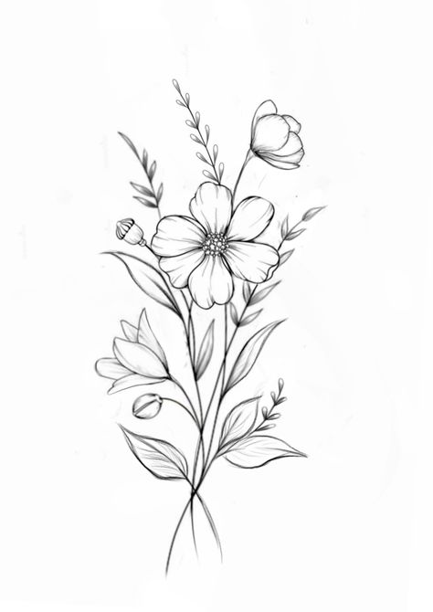 Dainty Flower Tattoo Designs, March Flower Drawing, Cosmos Drawing Flower, Wild Prairie Rose Tattoo, Wildflowers Tattoo Design, Daisy Tattoo Drawing, Fine Line Flower Drawings, Simple Drawings Flowers, Tattoo Design Drawings Sleeve