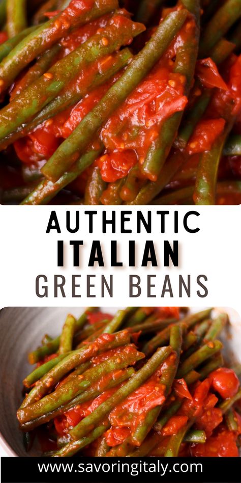 Discover how to make a delicious Italian-style green bean dish with this simple recipe! Fresh green beans are simmered in a flavorful blend of garlic, olive oil, onions, and tomatoes for a classic side dish that pairs perfectly with your favorite Italian dinner. Enjoy the authentic flavor of Italy's classic green bean dish with this easy and tasty recipe! Italian Beans Recipe, Green Bean Recipes Italian, Italian Style Green Beans, Greens And Beans Recipe Italian, Italian Potatoes And Green Beans, Green Beans In Tomato Sauce, Green Beans With Tomatoes And Onion, Green Beans And Cherry Tomatoes Recipe, Italian Style Green Beans Recipe