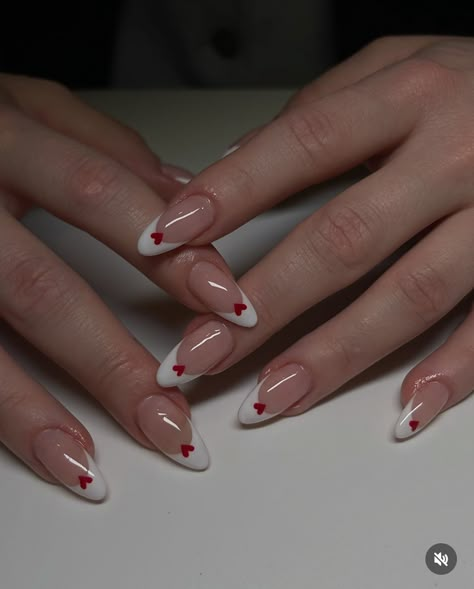 Cute Nail Extension Designs, Nail Ideas Tips, French Nails Heart Design, White Nails With Red Accent, Aesthetic French Tip Nails, Red Nail White French Tip, Trendy Nails Almond, Almond Nails Inspiration, Almond Nail Red French Tip