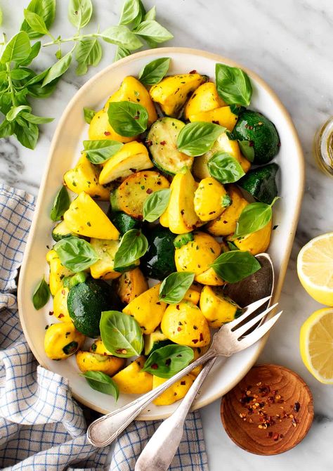 Learn how to cook patty pan squash with this easy recipe! Seasoned with lemon, garlic, and herbs, it's a fresh, delicious summer side dish. Pan Squash, Easy Pesto Pasta, Pattypan Squash, Best Zucchini Recipes, Summer Squash Recipes, Autumn Side Dishes, Cherry Tomato Pasta, Grilled Tofu, Veggie Noodles