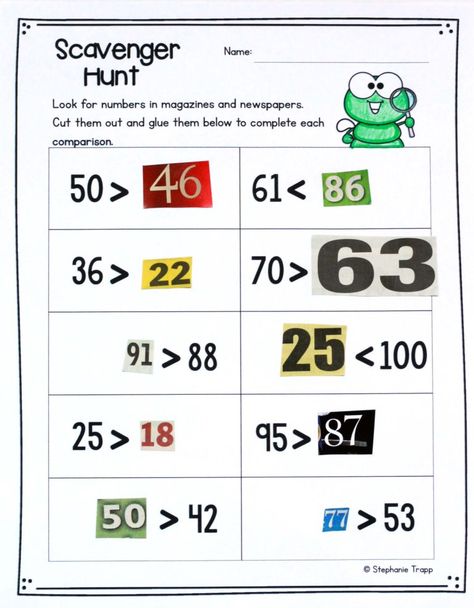 This is a very constructivist activity for students, they have to look for numbers in magazines and place them in the worksheet following the greater than, less than rule. Comparing Numbers First Grade, Greater Than Less Than Activities, Comparing Numbers Activities, Games For Classroom, Classroom Numbers, Compare Numbers, Number Properties, Greater Than Less Than, Number Sense Activities