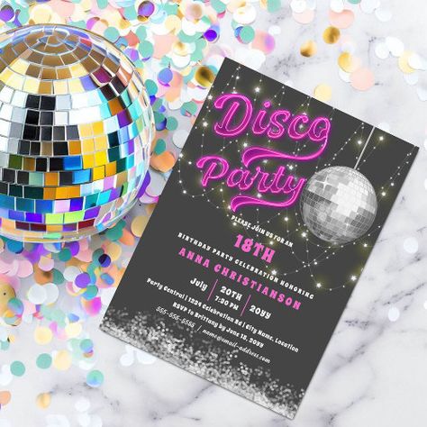 Neon Pink Disco Birthday Party for $2.95 - Birthday Invitations Pink Disco Birthday Party, Disco Birthday, Disco Birthday Party, 95 Birthday, Pink Disco, Birthday Basket, Neon Birthday, Birthday Party Celebration, 18th Birthday Party