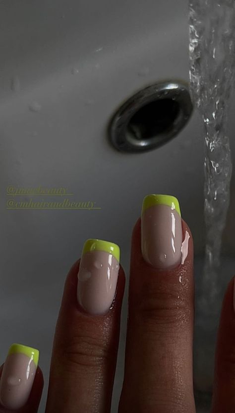 acrylic nails, salon, self care, manicure, pedicure, lemon, lime, french tips, nail tips, nail selfie 🤎💚 Lemon Color Nails, Lime Green Pedicure, Lime Green French Nails, Lime French Tip Nails, Lemon Green Nails, Lemon Lime Nails, Lime Green French Tip, Lime Green French Tip Nails, Nail Selfies