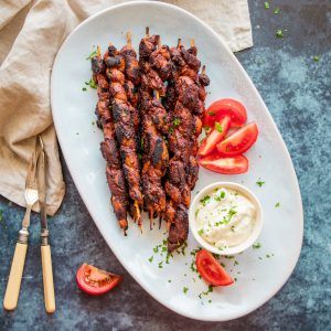 Vegan Meaty BBQ Skewers - The Tasty K Thai Skewers, Olive Oil Marinade, Caramel Slice, Bbq Skewers, Vegan Bbq, Vital Wheat Gluten, Garlic Aioli, Vegan Alternatives, Wheat Gluten