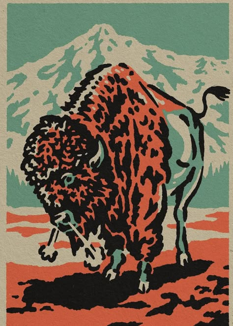 Southwestern Illustration, Western Graphic Design, Buffalo Drawing, Western Illustration, Sam Larson, Bison Print, Arte Peculiar, Matchbook Art, 1 Tattoo