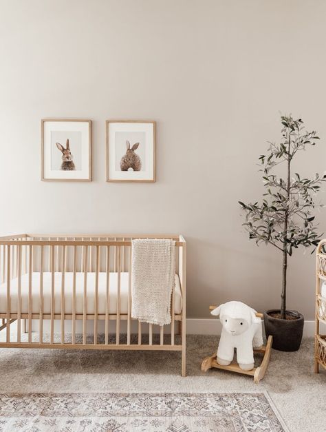 50 Most Beautiful Nursery Inspirations That Can Spark Your Creativity Neutral Apartment Decor, Gender Neutral Bedroom Kids, Gender Neutral Nursery Colors, Wooden Crib, Bunny Artwork, Nursery Reveal, Modern Crib, Nursery Room Design, Baby Room Inspiration