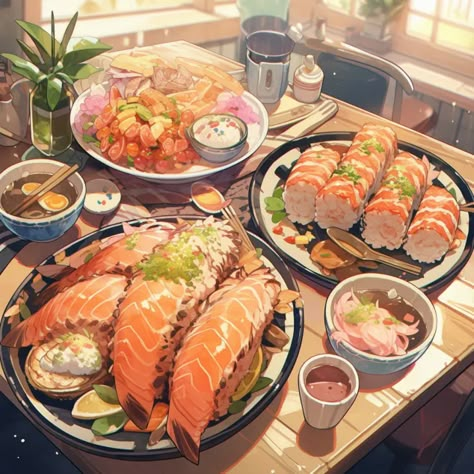 Japanese food in anime style art. Anime Feast Food, Mha Food Art, Japanese Food Art Drawing, Japan Food Anime, Japanese Food Illustration Kawaii, Japanese Anime Food Art, Anime Foods Aesthetic, Anime Food Art Aesthetic, Japanese Food Drawing