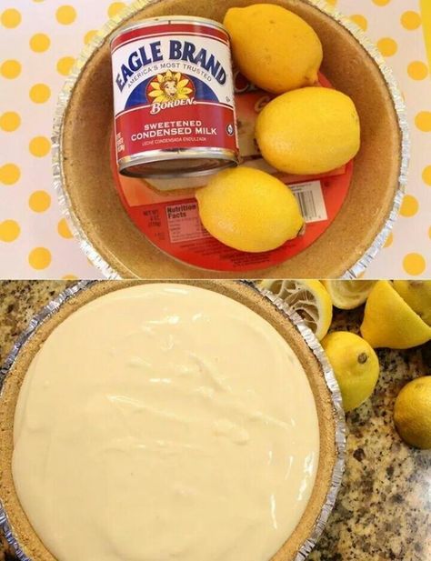 3 ingredient no bake lemon pie 3 lemons I can Eagle Brand Sweetened Condensed Milk Graham cracker crust Mix milk and lemon juice, pour in crust and refrigerate. No Bake Lemon Pie, Lemon Icebox Pie, No Bake Lemon, Lemon Pie Recipe, Icebox Pie, Condensed Milk Recipes, Eagle Brand, Lemon Pie, No Bake Pies