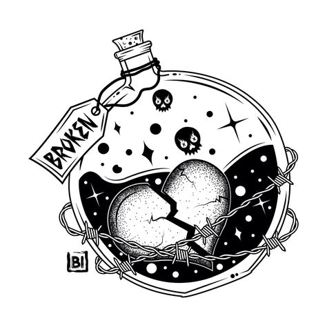 Potion bottle for broken hearts Potion Bottle Tattoo, October Illustration, Person Tattoo, Cool Colorful Backgrounds, Pen Doodle, Spooky Autumn, Rock Tattoo, Bottle Tattoo, Ghost Tattoo