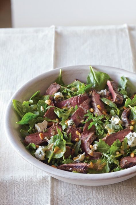 Steak Salad New York Strip, Sirloin Steak, Steak Salad, Sirloin Steaks, Tender Beef, Beef Steak, Pine Nuts, Easy Salads, Blue Cheese