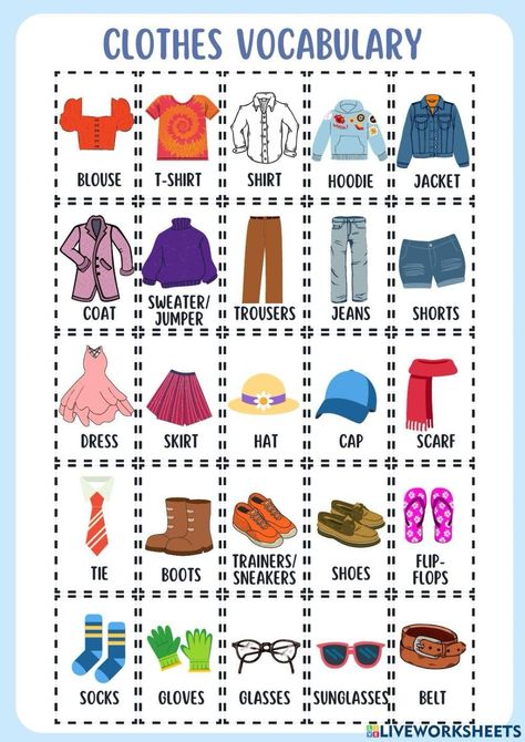 Trends Esl Clothes, English Clothes Vocabulary, Clothes In English Vocabulary, Clothes Esl, Clothes Worksheets For Kids, Clothes Flashcards, Vocabulary Clothes, Clothes Worksheet, Word Reference