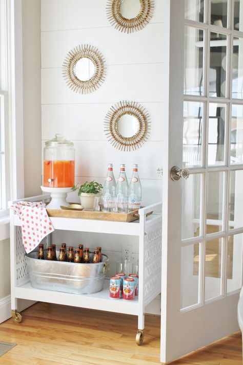 Bar Cart Mini Makeover With Rattan Mirrors and Planked Wall Bar Deco, Coin Bar, Diy Bar Cart, Gold Bar Cart, Bar Cart Styling, Cart Decor, Bar Cart Decor, Mini Makeover, Local Furniture