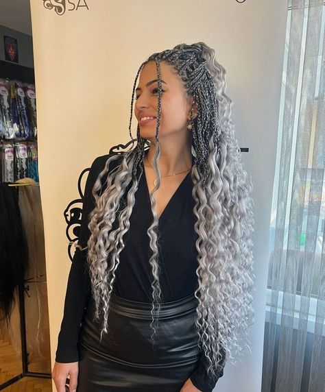 Boho Braids White Women, Gray Braids Hairstyles, Silver Hair Braids, Synthetic Dreads Hairstyles, Hair Braid Patterns, Back Braid, Afro Braids, Curly Braids, Dreadlock Accessories