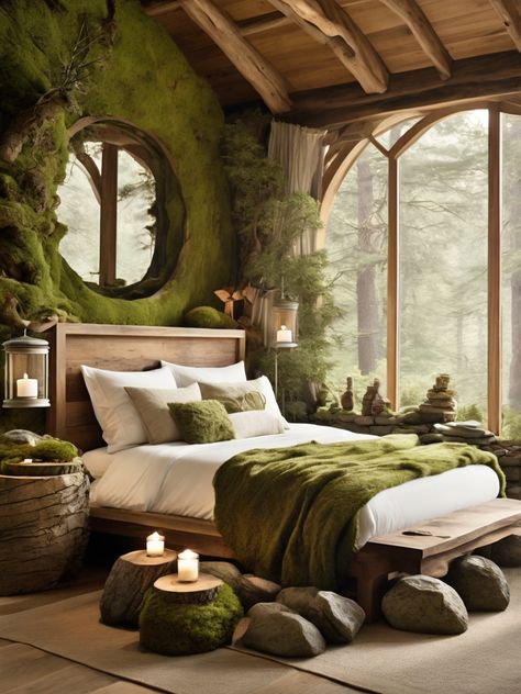 "Discover a tranquil forest bedroom nestled in nature's embrace: rustic cabin walls, earthy tones, a cozy wooden bed with plush pillows, and soft sunlight filtering through verdant foliage. #room #bedroom #bedroommakeover #bedroomdecorideas #bedroomideas Middle Earth Bedroom, Girls Forest Bedroom, Forest Room Aesthetic, Modern Home Trends, Woodsy Bedroom, House Room Design, Forest Room Decor, Cabin Walls, Forest Themed Bedroom