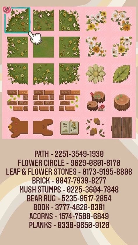 Cottage Core Acnh Path, Acnh Core Ideas, Pathway Acnh Codes, Forest Codes Acnh, Acnh Villager Icons, Acnh Forestcore Design Codes, Boho Animal Crossing Codes, Acnh Path Codes Fairycore, Acnh Cottagecore Items List