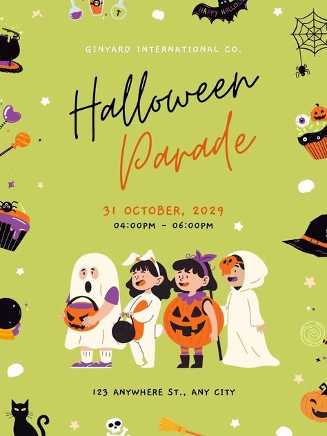 Green and Orange Cute Illustrated Halloween Parade Poster / Halloween, trick or treat, cute, spooky, boo, happy halloween, illustrated, event, cute, playful, parade / #canva #canvatemplate #freetemplate #canvafree #halloween Halloween Graphics Design, Halloween Graphic Design Illustration, Cute Halloween Graphics, Halloween Illustration Design, Halloween Event Poster, Halloween Poster Design, Halloween Graphic Design, Halloween Party Design, Invitation Poster