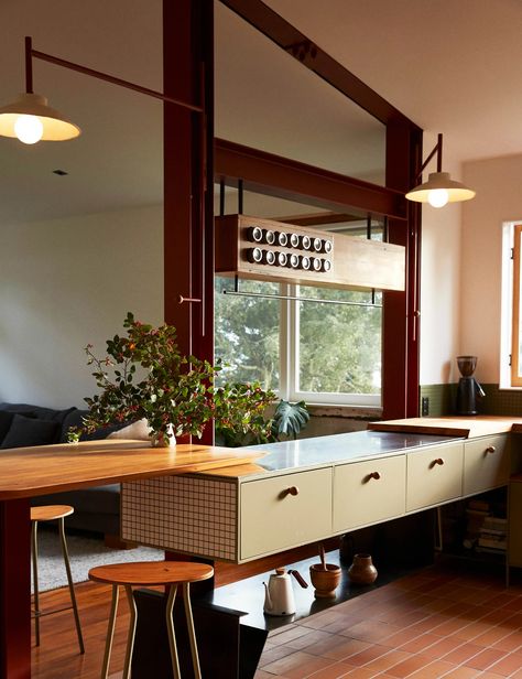 Before + After: A Bulky 1990s Kitchen Made Open + Timeless 1950s House Renovation, 1990s Kitchen, Spice Rack Storage, Kitchen Color Palettes, Contemporary Retro, 1950s House, Structural Steel, Mid Century Modern Kitchen, Spice Storage