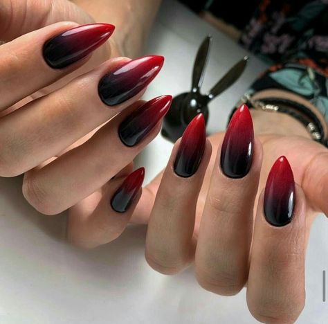 Unique Acrylic Nails Black, Vampy Nails Almond, Goth Gel Nails, Bruja Nails, Devil Nails Designs, Devil Nails, Burgundy Acrylic Nails, Burgundy Nail Designs, Vampire Nails