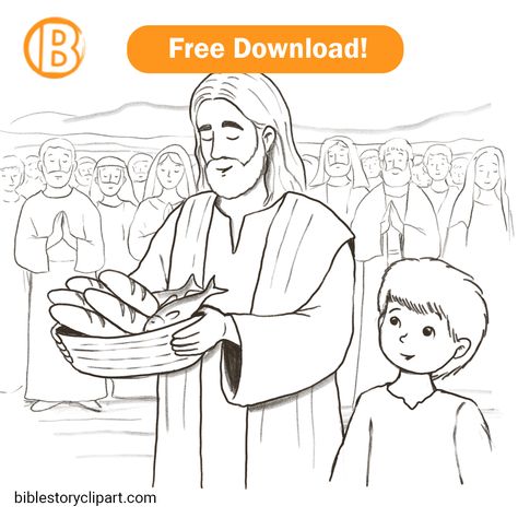 This coloring page depicts a serene scene of Jesus feeding the 5000 on a gently sloping hillside. Jesus is centrally positioned, holding a basket with loaves of bread and fish. He is surrounded by a crowd of people, including men, women, and children, who are seated in an orderly fashion on the grass. The people have outstretched hands, ready to receive the miraculous food. The background features simple outlines of a lake and distant hills, with a clear sky above, leaving ample space for ... Jesus Feeds The 5000 Coloring Page, Jesus Feeds The 5000 Craft Preschool, Jesus Feeds 5000 Activity, Jesus Feeds The 5000 Craft, Jesus Feeding The 5000, Feeding The 5000, Jesus Feeds The 5000, Jesus Feeds 5000, Childrens Bible Activities