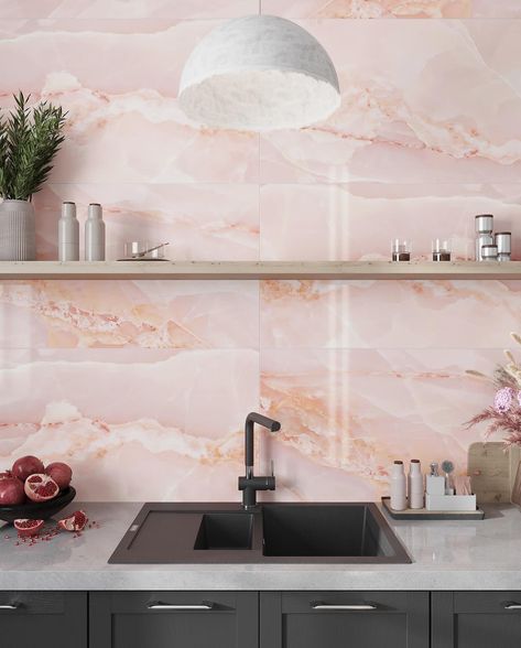 💞This or That 💞 Emporio Onyx Pink Bathroom or Kitchen? Swipe left and let us know! Pink Onyx Kitchen, Onyx Kitchen, Porcelanosa Tiles, Palm Springs Retro, Pink Apartment, Marble Backsplash Kitchen, Pink Gloss, Terracotta Wall, Wood Effect Tiles