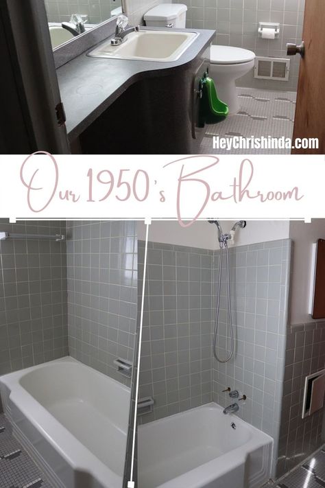 A close look at our 1950's bathroom before we remodeled. 1940s Small Bathroom Remodel, 1950s Style Bathroom, 1960 Bathroom Update, 1950s Bathroom Update, 1960 Bathroom Remodel, 50s Bathroom Remodel, Vintage Bathroom Ideas 1950s, Gray Bathroom Tiles, Retro Bathrooms 1950s