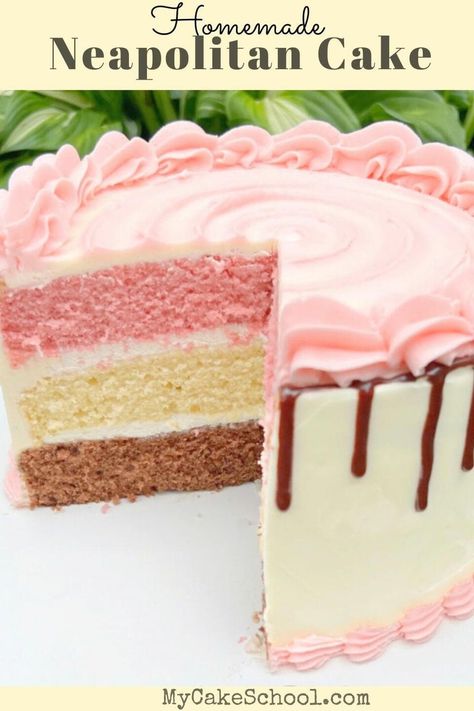 Neapolitan Cake - My Cake School My Cake School Recipes, Cake Slice Ideas, Cake Sandwich Ideas Desserts, Neopolitan Cake, Jenny Bakery, My Cake School, Neapolitan Cake, Cow Cake, Napoleon Cake