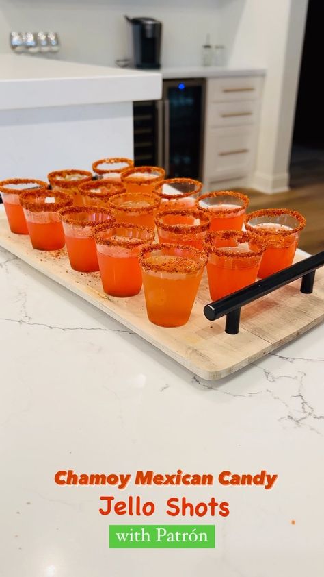 Mexican Jello Shots With Tajin, Tajin Jello Shots, Spicy Tamarind Vodka Jello Shots, Candy Shots Recipe, Chamoy Jello Shots, Tequila Jello Shot Recipe, Alcoholic Drinks With Tequila, Mexican Candy Jello Shot Recipes, Jello Shots With Tequila