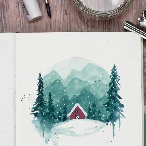 Manon on Instagram: "My January coverpage! I hope you guys like it. I am quite happy with it, I only think the house could have been a bit more realistic. I used an acrylic marker this time and I think it looks a bit flat. Anyways, LOVE painting trees! What is your theme? #bulletjournal2023 #bujo #bulletjournal #watercolor #aquarel #acrylicmarkers #talens #winsorandnewton #leuchtturm #coverpage #illustration" January Watercolor, Watercolor Calendar, Painting Trees, January Calendar, Bullet Journal Inspo, Bullet Journal Inspiration, Love Painting, Christmas Watercolor, Tree Painting