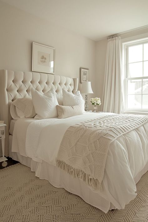 Upgrade Your Space with Chic White Bedroom Furniture – lanzhome.com White Bedroom Walls, Cream And White Bedroom, Beige Bedroom Decor, White Bedrooms, Cream Bedrooms, White Wall Bedroom, Farmhouse Vibes, White Bedroom Decor, Beige Bedroom