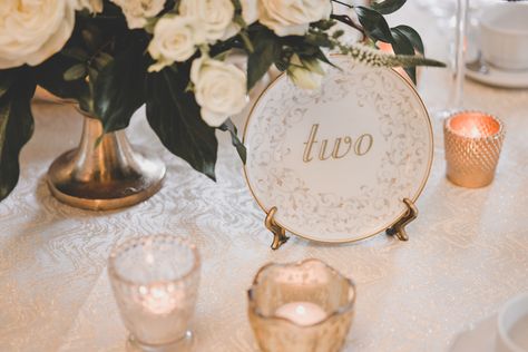 Vintage china plate table numbers in white and gold! Perfect inspiration for your wedding reception decor. Vintage Plate Table Numbers, Plate Table Numbers, Number Ideas, Wedding Reception Decor, Wedding Plates, Antique Plates, Painted Plates, Wedding 2024, Wedding Table Settings