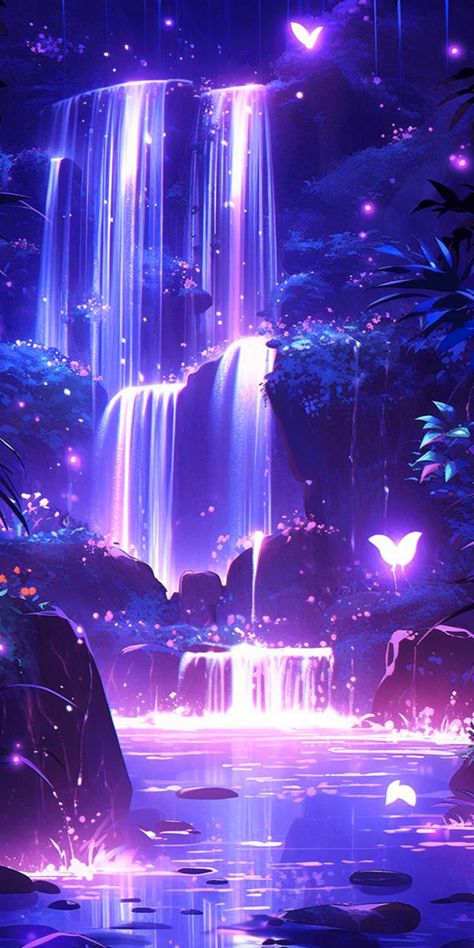 Glowing waterfall with purple butterflies and fireflies zooming around Dreamy Artwork, Abstract Wallpaper Design, Pretty Phone Wallpaper, Fantasy Places, Of Aesthetic, Cool Wallpapers Art, Beautiful Landscape Wallpaper, Beautiful Scenery Nature, Pretty Wallpapers Backgrounds