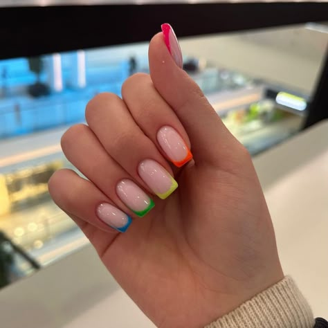 Winter Rainbow Nails 2023-2024 21 Ideas: Embrace the Colorful Chill - Women-Lifestyle.com Square Pride Nails, Short Nail Designs Rainbow, Short Rainbow Nail Designs, Fluorescent Nail Designs, Rainbow Checkered Nails, Shilak Ideas, French Rainbow Nails, Short Rainbow Nails, Rainbow French Nails