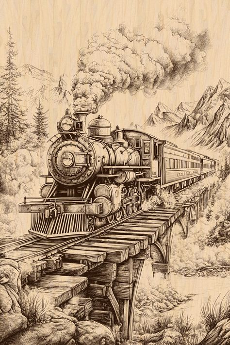 Train Drawing Aesthetic, Steam Locomotive Drawing, Old Train Drawing, Cabin Sketch, Laser Engraving Ideas, Drawing Methods, Drawing Pro, Train Drawing, Landscape Pencil Drawings