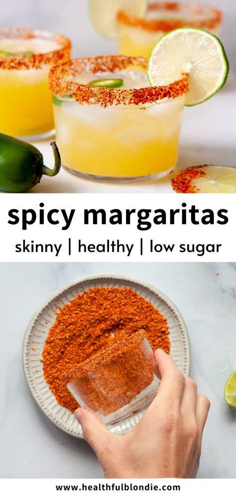 Spicy Margarita Recipe Tajin, How To Make A Spicy Margarita, Easy Spicy Margarita Recipes, Margaritas With Tajin Rim, Orange Margarita Recipe Tequila, Frozen Spicy Margarita Recipe, Margarita Recipes Spicy, Orange Juice And Tequila, Cocktails With Tajin Rim