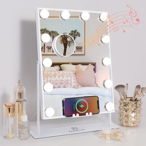 FENCHILIN White Vanity Mirror with Lights Wireless Charger Bluetooth Speaker Hollywood Makeup Mirror with 12 Dimmable Bulbs 3 Color for Glam Room Bedroom Detachable 10X Magnification White Vanity Mirror, Dimmable Lights, Hollywood Mirror With Lights, Bulb Mirror, Hollywood Makeup Mirror, Makeup Vanities, Hollywood Vanity Mirror, Hollywood Vanity, Vanity Mirror With Lights