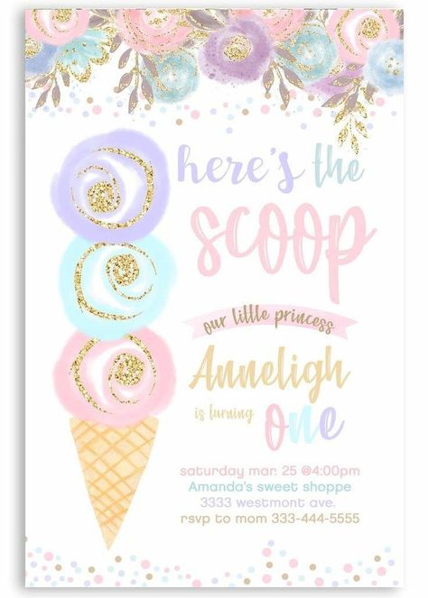 Ice Cream Birthday Party Invitations, Ice Cream Birthday Party Theme, Ice Cream Party Invitations, Ice Cream Invitation, Watercolor Ice Cream, Ice Cream Party Theme, Ice Cream Party Decorations, Birthday Invitation Pink, Pink Ice Cream