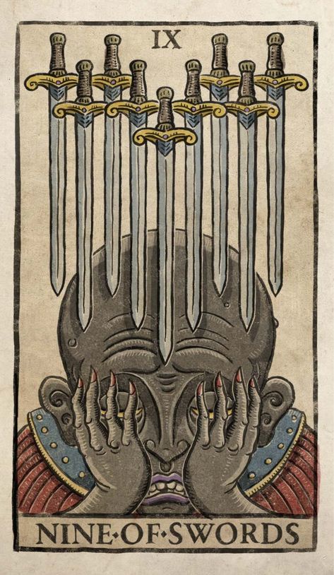 Nine Of Swords, 5 Of Swords Tarot, Two Of Swords Tarot Card, Tarot Card Three Of Swords, Nine Of Swords Tarot, 9 Of Swords Tarot, Swords Tarot, Online Tarot, Tarot Art