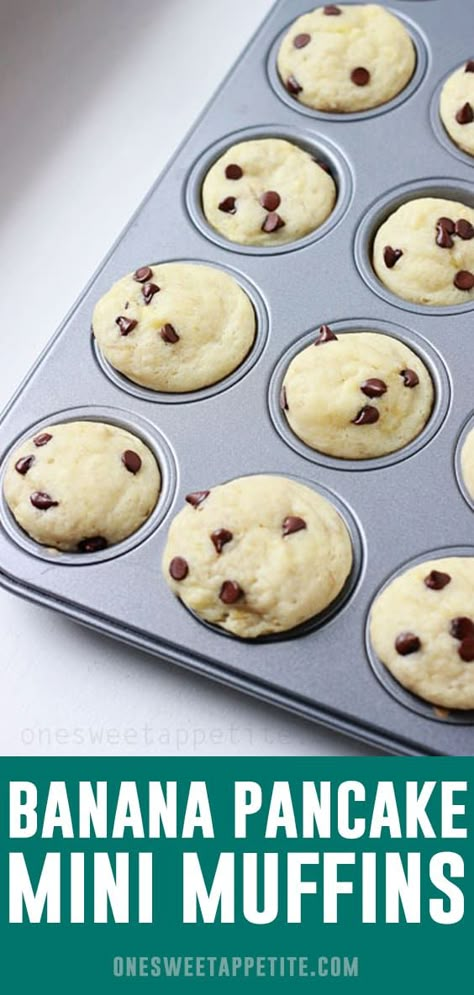 Banana Recipes Freezer Friendly, Banana Pancake Muffins Recipe, Pancake Mix Banana Muffins, Banana Pancake Muffins, Mini Pancake Muffins, Banana Chocolate Chip Pancakes, Banana Pancake, Morning Glory Muffins, Pancake Bites