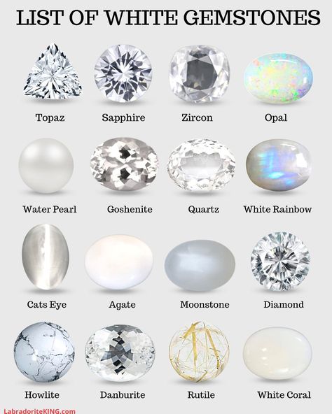 Shop at LabradoriteKING Gemstones Chart, White Gemstones, Jewelry Knowledge, Types Of Gems, Seni Dan Kraf, Gemstone Meanings, Gems Crystals, Minerals And Gemstones, Rocks And Gems