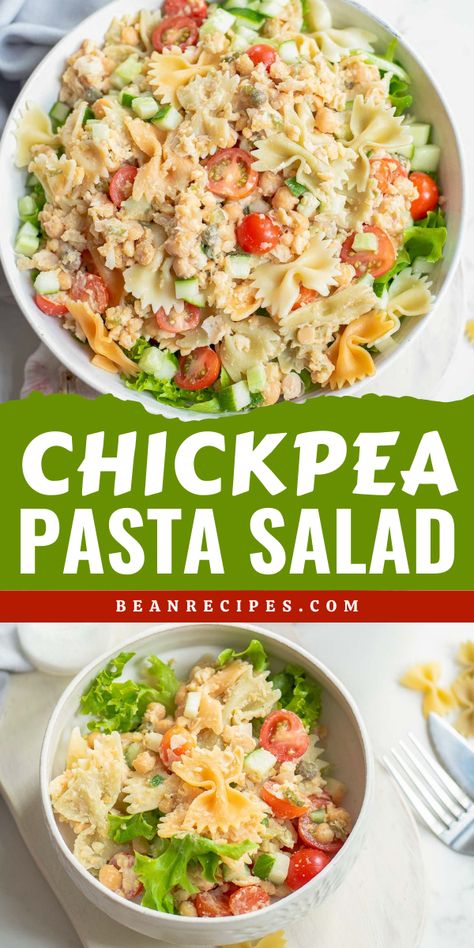 Say goodbye to boring salads—try Chickpea Pasta Salad! This vegan delight, featuring bowtie pasta and a twist on tuna salad, is a game-changer in simple side dish recipes and easy lunch salads. Don't resist the deliciousness—pin it now and enjoy every bite! Salad Recipes With Chickpeas, Salad Recipe With Chickpeas, Chickpea Pasta Salad, Recipe With Chickpeas, Vegan Tuna Salad, Easy Bean Recipes, Chickpea Vegan, Garbanzo Bean Recipes, Easy Summer Salad